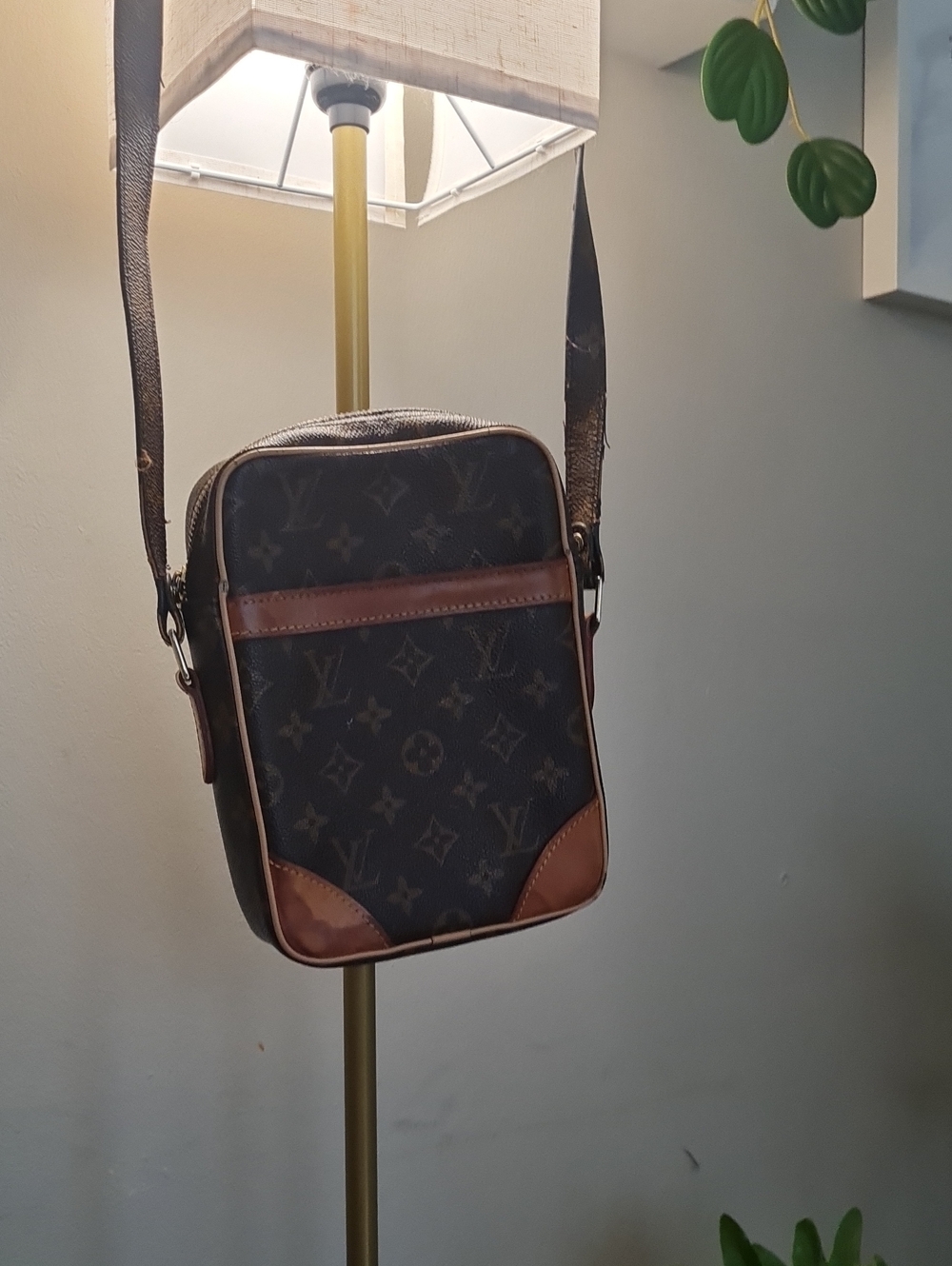 Brown Monogram Crossbody Messenger Bag with Tan Trim